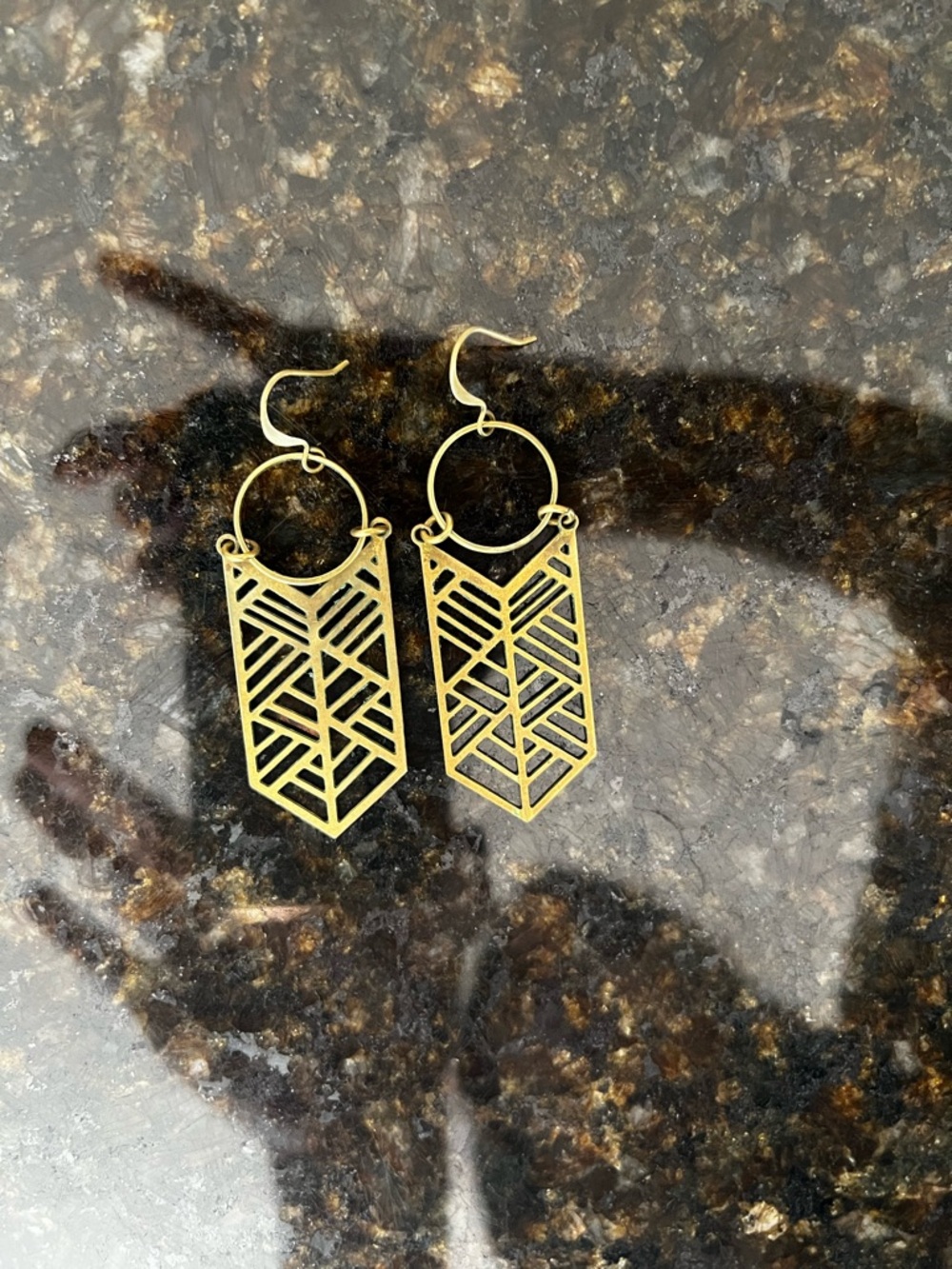 Brass Geometric Drop Earrings - Modern Chevron Design
